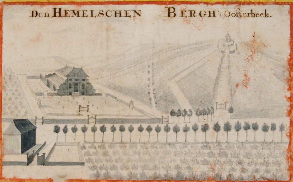 Prent van rond 1750 met het eerste huis Hemelse Berg. Onderaan de Hoofdlaan die dich onder het huis liep (zie plattegrond hierna. Rechts boven de theekoepel van de familie Van der Hoop op de plek waar nu de gedenknaald staat. Het lanenplan geeft aan dat de tegenwoordige paden ermee sterk corresponderen.