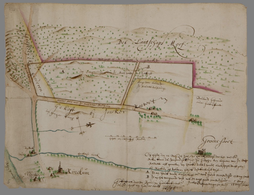 Kaart van Renkum met Beekdal en klooster. Collectie Gelders Archief Arnhem. Cartograaf Nicolaes van Geelkercken (1585- 1656)