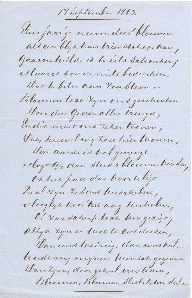 Gedicht van Henriette Meyer voor de jarige Ursula Kneppelhout- van Braam die met haar man Jan Kneppelhout op het nabij "Valkenburg" gelegen landgoed "Hemelse Berg"woonde. Gedateerd 1862