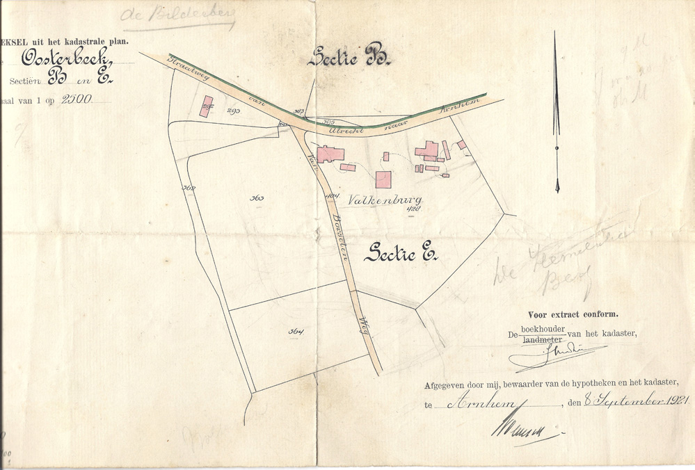 Plattegrond van het buiten "Valkenburg met de bijgebouwen aangegeven op de kaart.