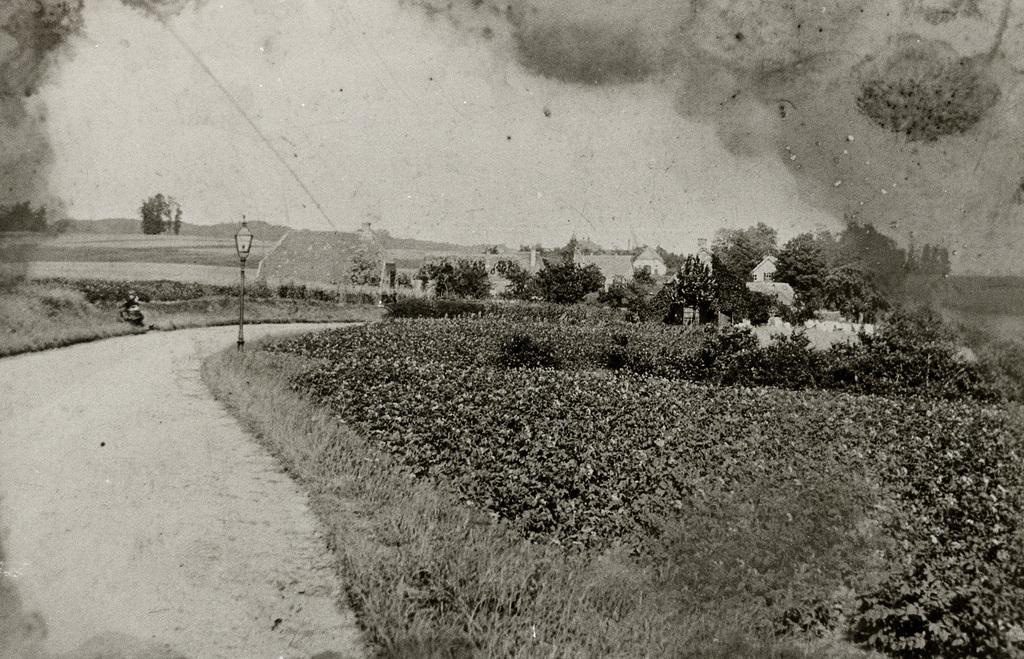 Benedendorpsweg t.h,v, het huidige nummer 48. Rechts op de voorgrond, achter geboomte een verdwenen boerderij met daarboven uit stekend het nog bestaande huis op nummer 34, (sterk verbouwd) gebouwd in 1907.