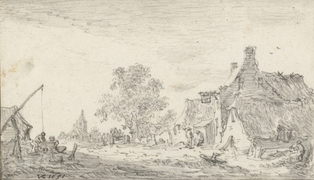 De Postweg van Renkum in westelijke richting met de Oude Kerk op de achtergrond, tekening van Jan van Goyen 1651 Rijksprentenkabinet, Amsterdam, RP-T-1899-A-4319