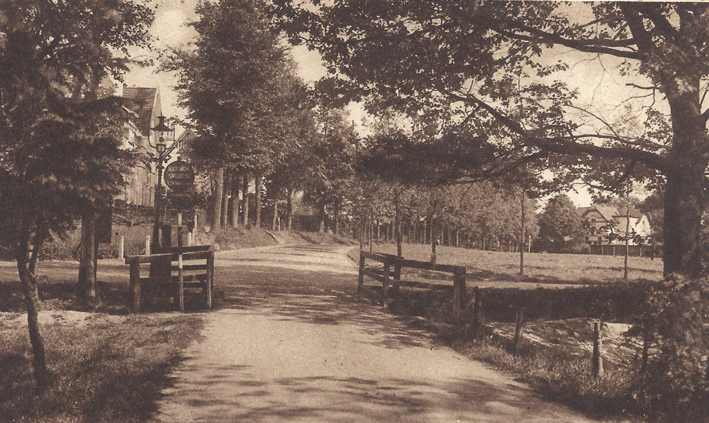 Vanaf de Grunsfoortse Dijk kijken we in oostelijke richting naar de door Van Rechteren van Appeltern aangelegde Nieuweweg. Rechts Onder de Bomen en naar links de Beukenlaan. Het ronde bord droeg als tekst "Maximum snelheid 12 km. per uur".