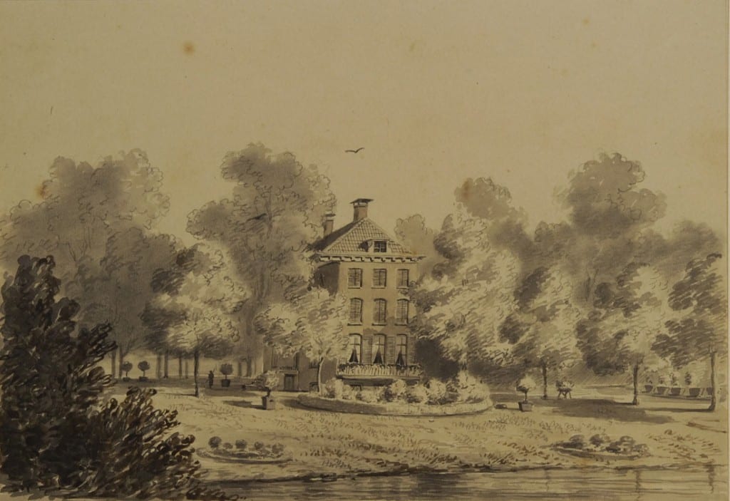 Een 19 de eeuwse tekening van onbekende hand weergevende het huis "Cortenbergh" rond 1835. Dit huis werd door Crommelin vervangen door een nieuwe volumineuze villa, het latere paleis van koningin Emma.