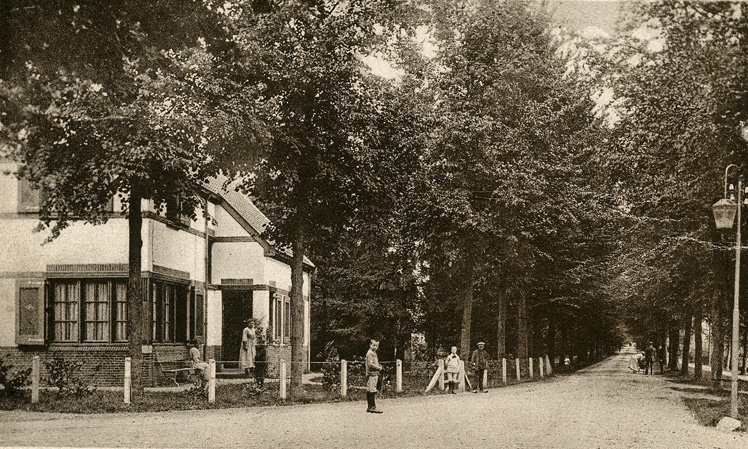 Aangekomen bij de boswachterswong loopt op het kruispunt naar het noorden (rechts) de Boslaan met rechts de ommuurde moestuin.