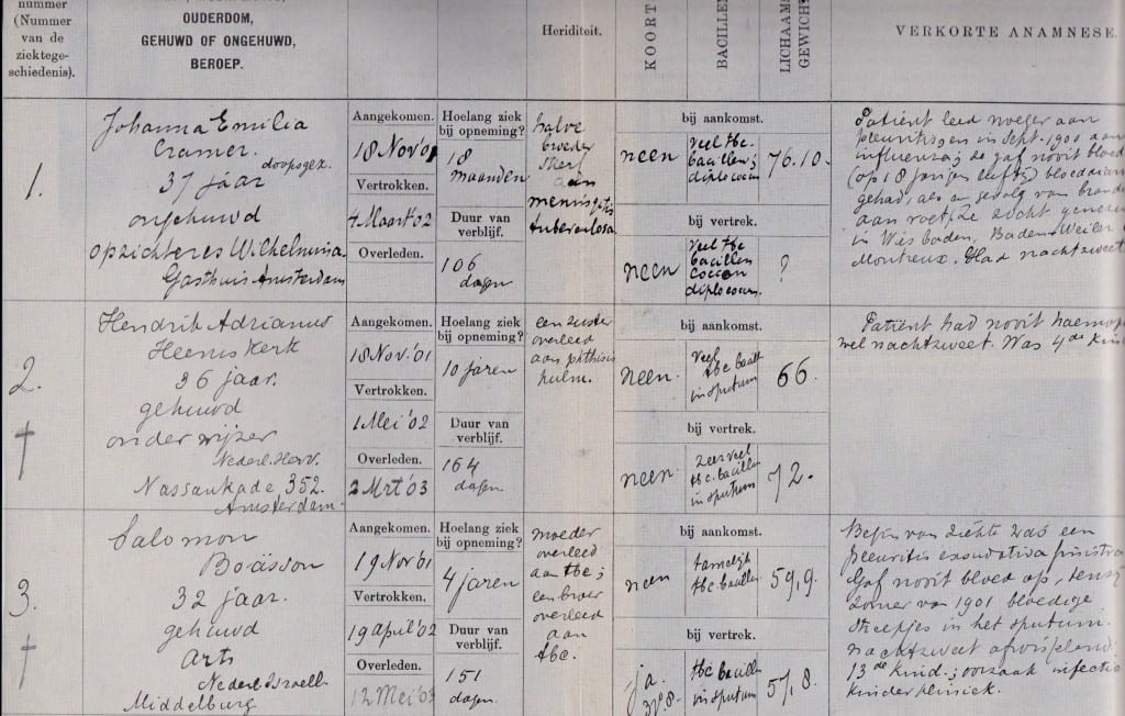 De eerste drie inschrijvingen van patiënten van het sanatorium. (linker deel pagina 1 van het patiëntenboek)