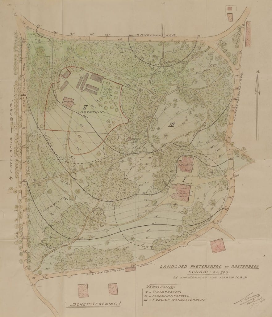 Een ontwerp van Samuel Voorhoeve voor herinrichting van het gebied rond te Pietersberg. Huis en tuin waren toen in handen gekomen van de gemeente Renkum.